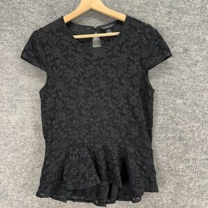 Moda International Blouse Women L Large Black Floral Short Sleeve Lined Hook&Eye